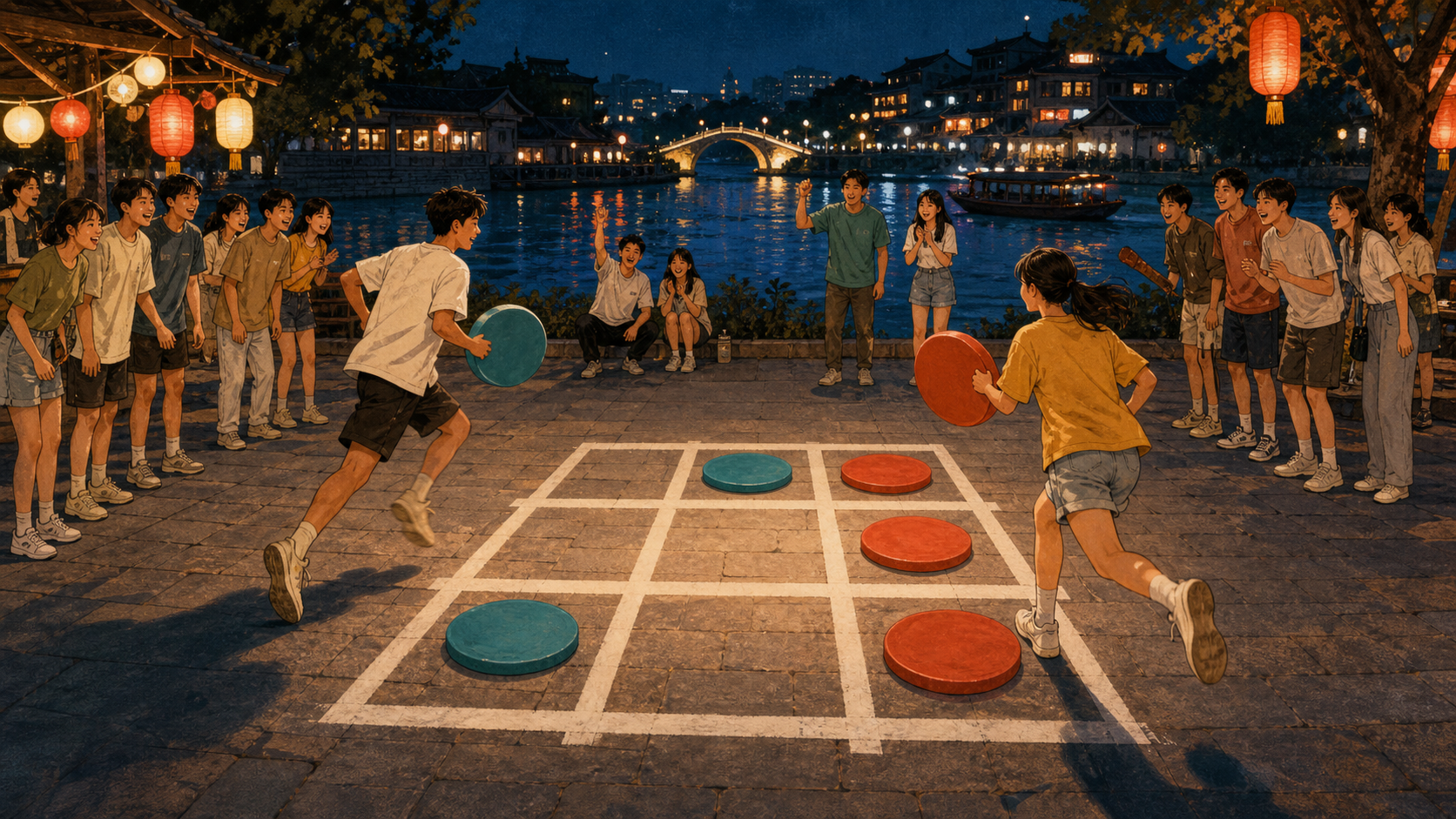 两队在地面三乘三棋盘上进行三子棋接力的场景图